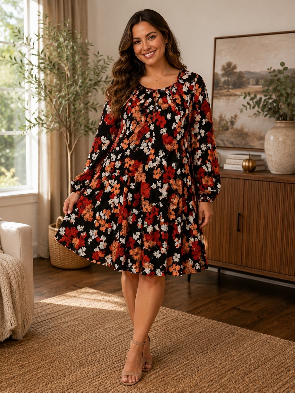 Roz & Ali Black Floral Midi Swing Dress with Rust and Cream Blooms